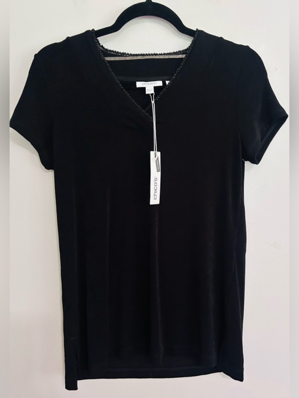 Chico’s Travelers Black Beaded Trim Top Size 0 S NWT Stretch Basic Layering